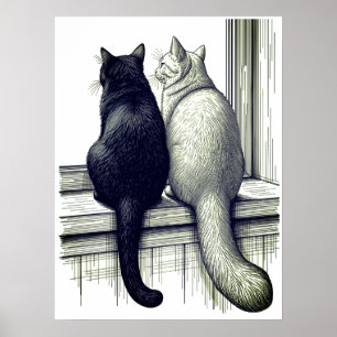 Schwarz-Weiß-Katzen am Fenster Poster