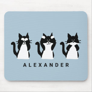 Schwarz-Weiß-Katzen   Drei weise Kätzchen Hellblau Mousepad