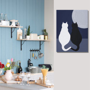Schwarz-Weiß-Katzen im Vollmond-Leinwanddruck Leinwanddruck