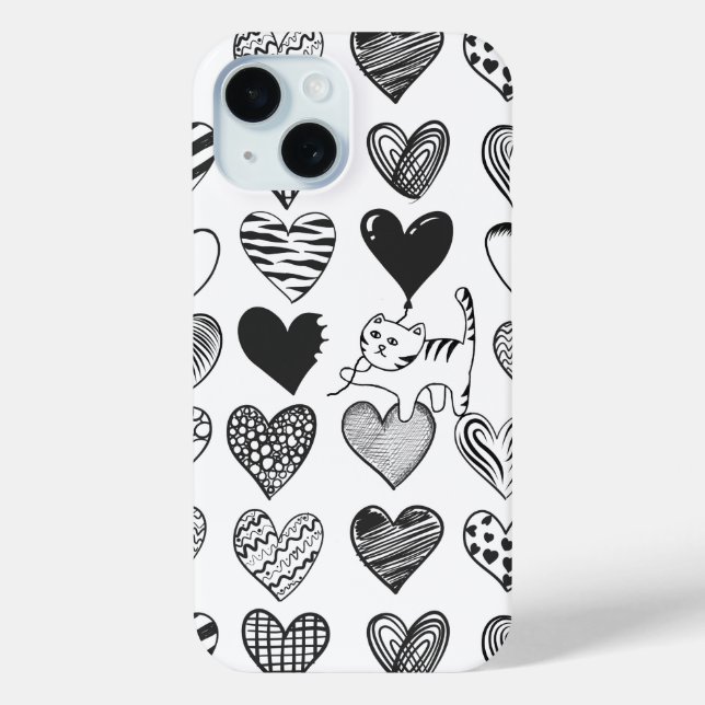 Schwarz-Weiß-Katzen-Muster und Herz-Muster Case-Mate iPhone Hülle (Rückseite)