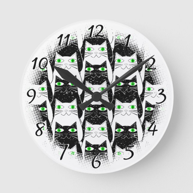 Schwarz-Weiß-Katzen Vintage Altdruckdekoration Runde Wanduhr (Vorderseite)