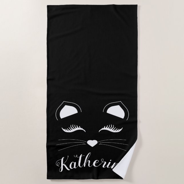 Schwarz-Weiß-Katzengesicht Strandtuch (Vorderseite)