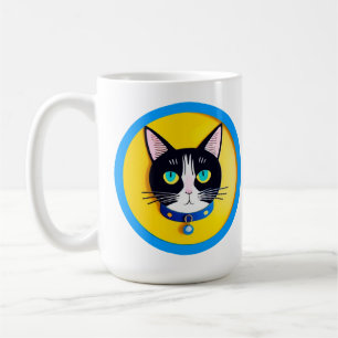 Schwarz-Weiß-Katzenillustration mit blauen Augen Kaffeetasse