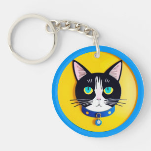 Schwarz-Weiß-Katzenillustration mit blauen Augen Schlüsselanhänger
