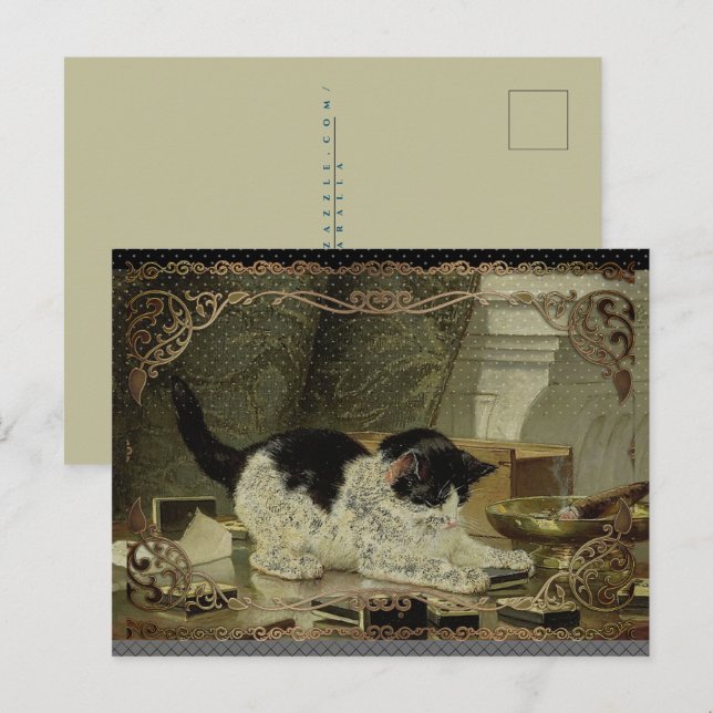 Schwarz-Weiß-Katzenöl Bronze-Grenze Feiertagspostkarte (Vorne/Hinten)