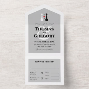 Schwarz-weiß King Schach Pieces Gay Wedding All In One Einladung