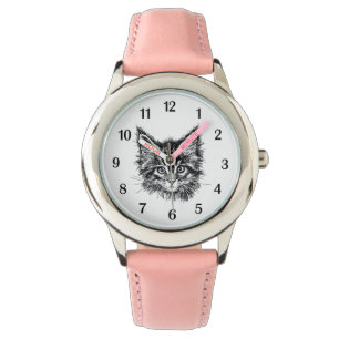 Schwarz-Weiß-Kitten-Gesicht Schwarze Zahlen Armbanduhr
