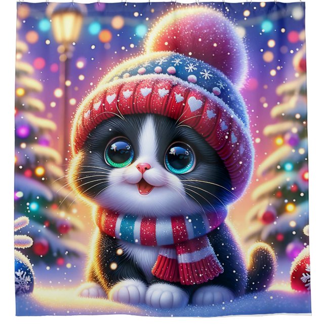 "Schwarz-Weiß-Kitty's First Christmas Outing" Duschvorhang (Vorderseite)