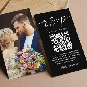 Schwarz Weiß Kleiner Vertikaler Hochzeits-RSVP-QR- Begleitkarte