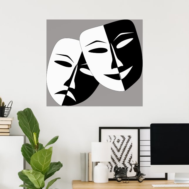 Schwarz-Weiß-Komödie und Drama-Masken Poster (Heimbüro)