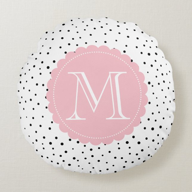 Schwarz-Weiß-Konfetti-Dosen Blush Monogram Runde Rundes Kissen (Vorderseite)