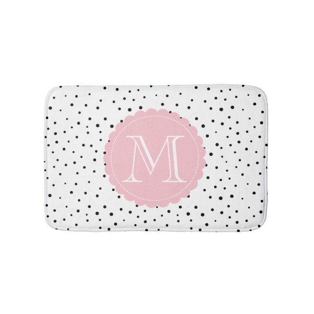 Schwarz-Weiß-Konfetti-Dosen Blush Monogramm Badematte (Vorderseite)