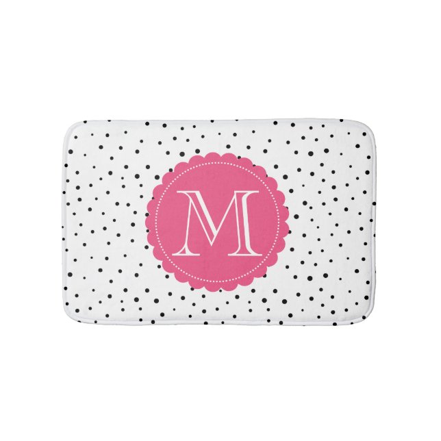Schwarz-Weiß-Konfetti-Dosen Hot-Pink-Monogramm Badematte (Vorderseite)