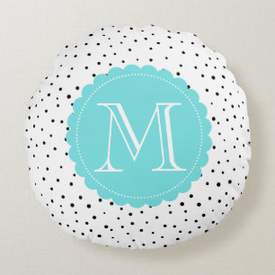 Schwarz-Weiß-Konfetti-Dots Blue Monogram Round Rundes Kissen