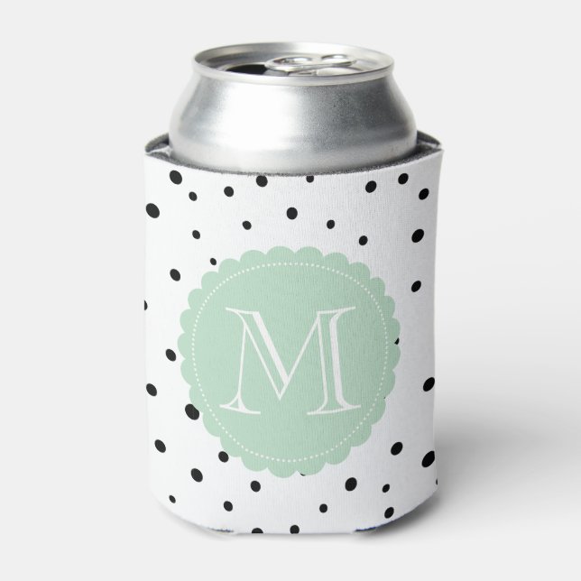 Schwarz-Weiß-Konfetti-Dots-Minze-Monogramm Dosenkühler (Kanne Vorderseite)