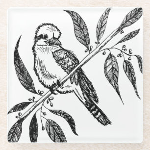 Schwarz-Weiß-Kookaburra am Zweig Zeichnend Glasuntersetzer