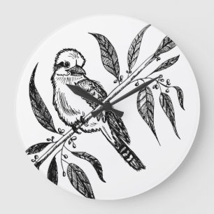 Schwarz-Weiß-Kookaburra am Zweig Zeichnend Große Wanduhr