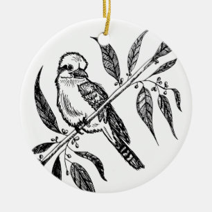 Schwarz-Weiß-Kookaburra am Zweig Zeichnend Keramik Ornament