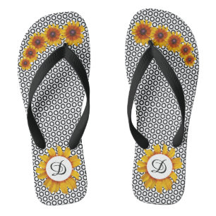 Schwarz-Weiß-Kreise mit Sonnenblumen Flip Flops