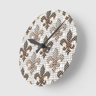 Schwarz Weiß Kreuzschraffur Polka Punkte Fleur-de- Runde Wanduhr