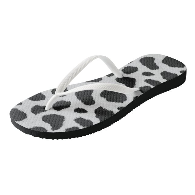 Schwarz-Weiß-Kuh-Flecken Pelzstruktur Flip Flops (Schrägansicht)