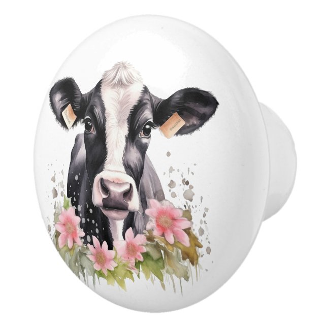 Schwarz-Weiß-Kuh in Blume Keramikknauf (Rechts)