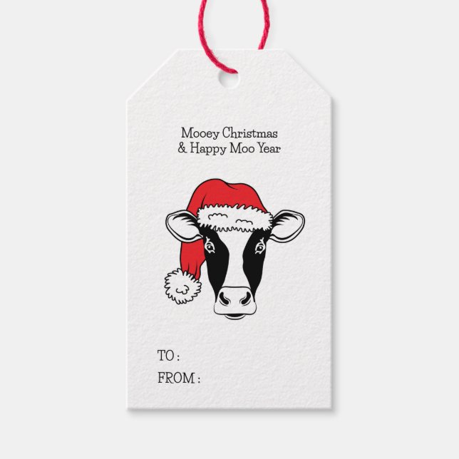 Schwarz-Weiß-Kuh in Weihnachtsmannmütze lustig Wei Geschenkanhänger (Vorderseite)