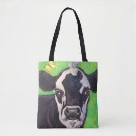 Schwarz-Weiß-Kuh mit Kelly Green Tasche