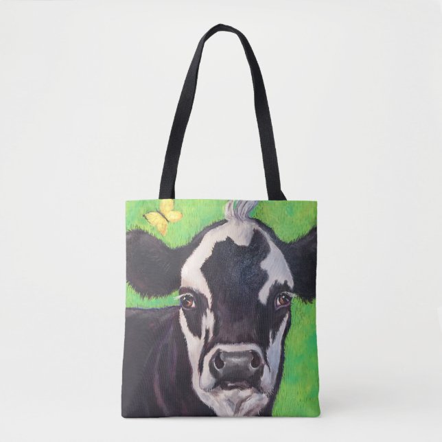 Schwarz-Weiß-Kuh mit Kelly Green Tasche (Vorderseite)