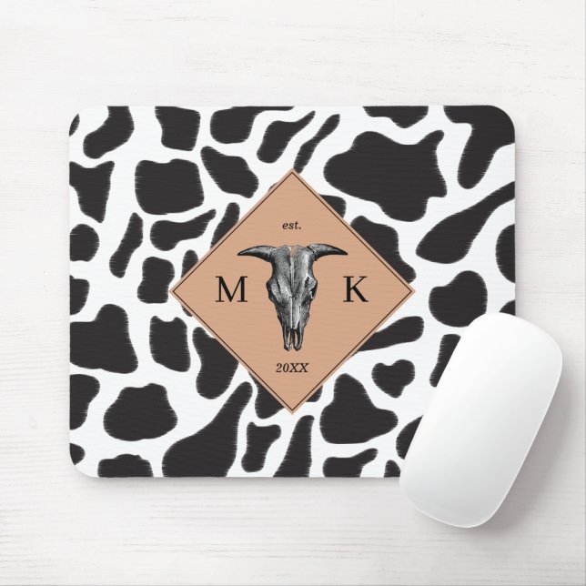 Schwarz-Weiß-Kuh-Spot Tiermuster Monogramm Mousepad (Mit Mouse)
