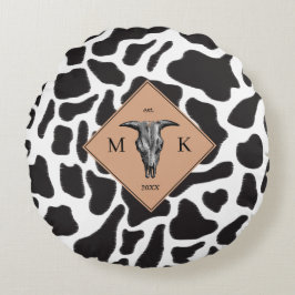 Schwarz-Weiß-Kuh-Spot Tiermuster Monogramm Rundes Kissen