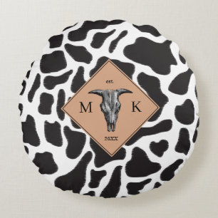 Schwarz-Weiß-Kuh-Spot Tiermuster Monogramm Rundes Kissen