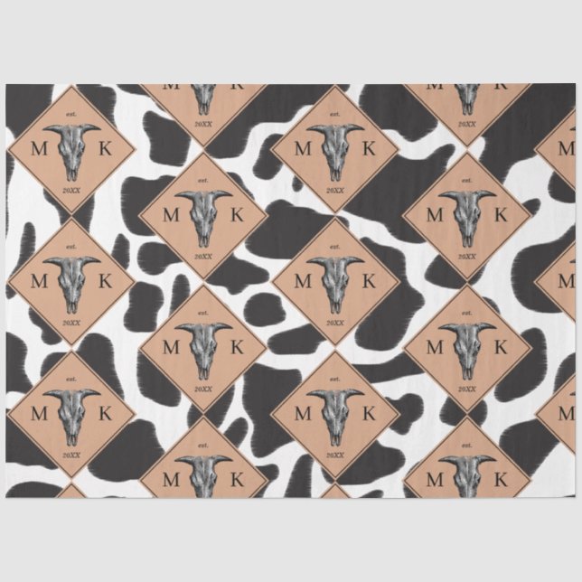 Schwarz-Weiß-Kuh-Spot Tiermuster Monogramm Seidenpapier (Vorderseite)