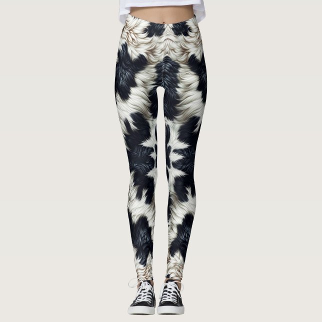 Schwarz-Weiß-Kuh-Spots Furche-Look Leggings (Vorderseite)