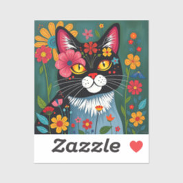 Schwarz-Weiß-Kunst-Katze und Blume Whimsikum Aufkleber