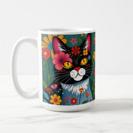 Schwarz-Weiß-Kunst-Katze und Blume Whimsikum Kaffeetasse
