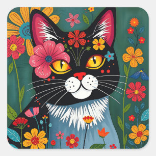 Schwarz-Weiß-Kunst-Katze und Blume Whimsikum Quadratischer Aufkleber
