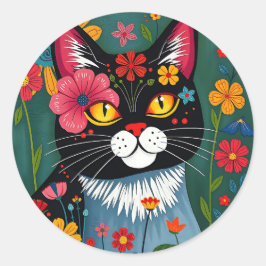 Schwarz-Weiß-Kunst-Katze und Blume Whimsikum Runder Aufkleber