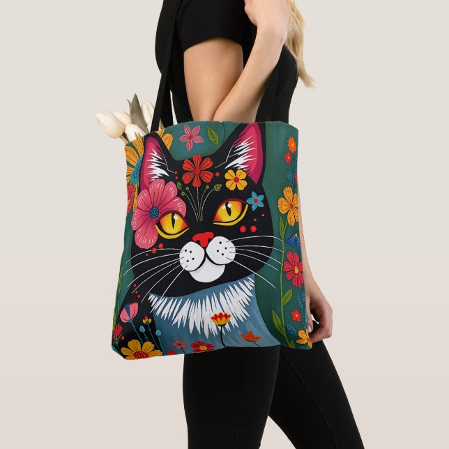 Schwarz-Weiß-Kunst-Katze und Blume Whimsikum Tasche (Von Nahem)