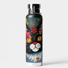Schwarz-Weiß-Kunst-Katze und Blume Whimsikum Trinkflasche