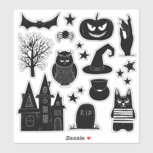 Schwarz-Weiß-Kürbis, Hexe, Eule. Halloween Aufkleber