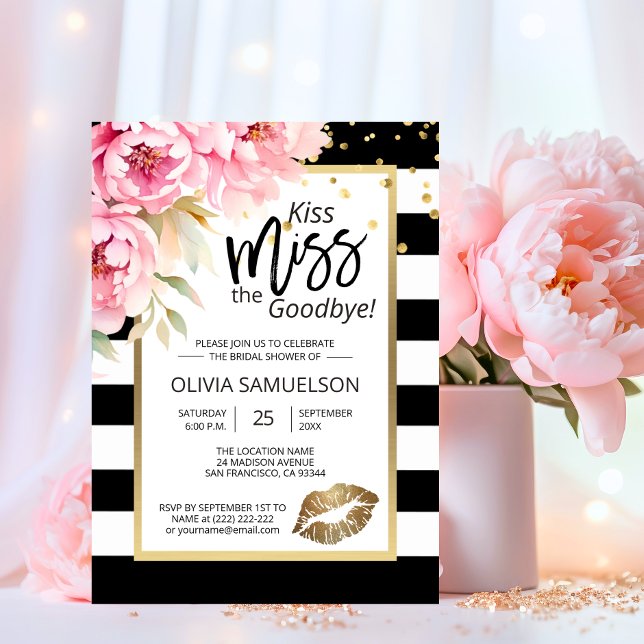 Schwarz-weiß Kuss das Miss Floral Brautparty Einladung (Kiss the Miss Goodbye Floral Bridal Shower Invitation)