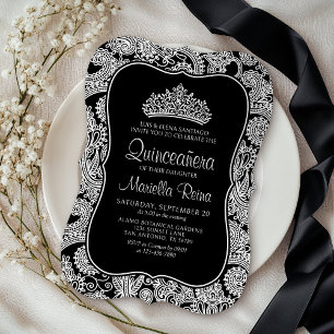 Schwarz-weiß Lace Quinceañera Einladung