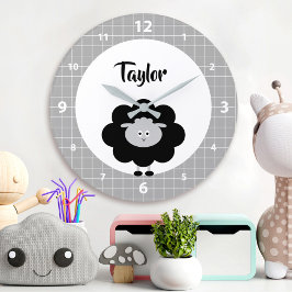 Schwarz-weiß Lamb Kawaii Kinderzimmer Name Große Wanduhr