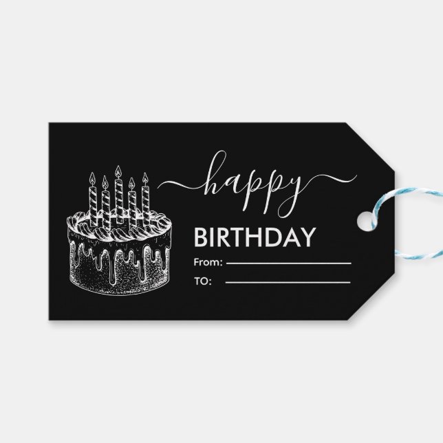 Schwarz-Weiß-Lässige Skriptart Happy Birthday Geschenkanhänger (Vorderseite (Horizontal))