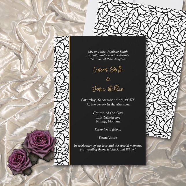 Schwarz-Weiß-Leaf-Muster-Hochzeit Einladung (Black & White Leaf Pattern Border Wedding Invitation)
