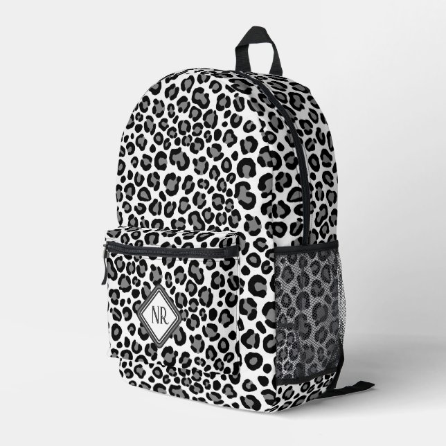 Schwarz-Weiß-Leopard-Muster Cheetah Monogram Bedruckter Rucksack (Rückseitige Ecke Rechts)