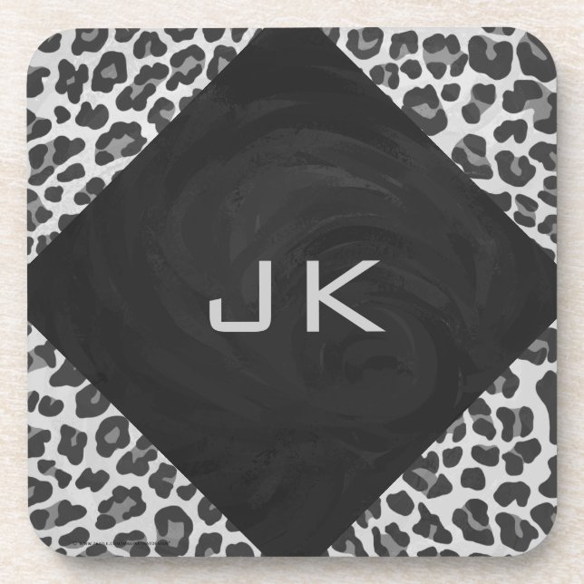 Schwarz-Weiß-Leopard-Printwerbung für Monogramm Getränkeuntersetzer (Vorderseite)