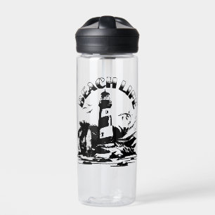 Schwarz-Weiß-Leuchtturm Beach Life Trinkflasche