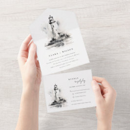 Schwarz-Weiß-Leuchtturm-Hochzeit All In One Einladung